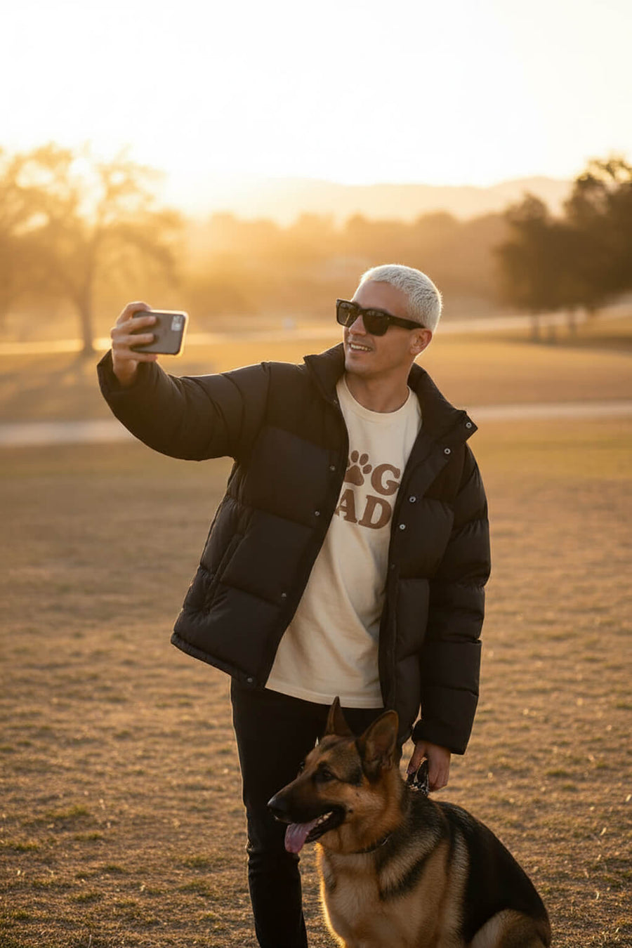 Beige Soft Dog Dad T-Shirt from WOOF worn in a relaxed lifestyle shot