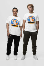 Two people against a plain backdrop wear You Are Corgeous Supreme T-Shirts from Dogloverclothing.com, featuring a fox illustration. The left person pairs it with black pants and the right with dark green pants—ideal for stylish, comfort-seeking dog lovers.