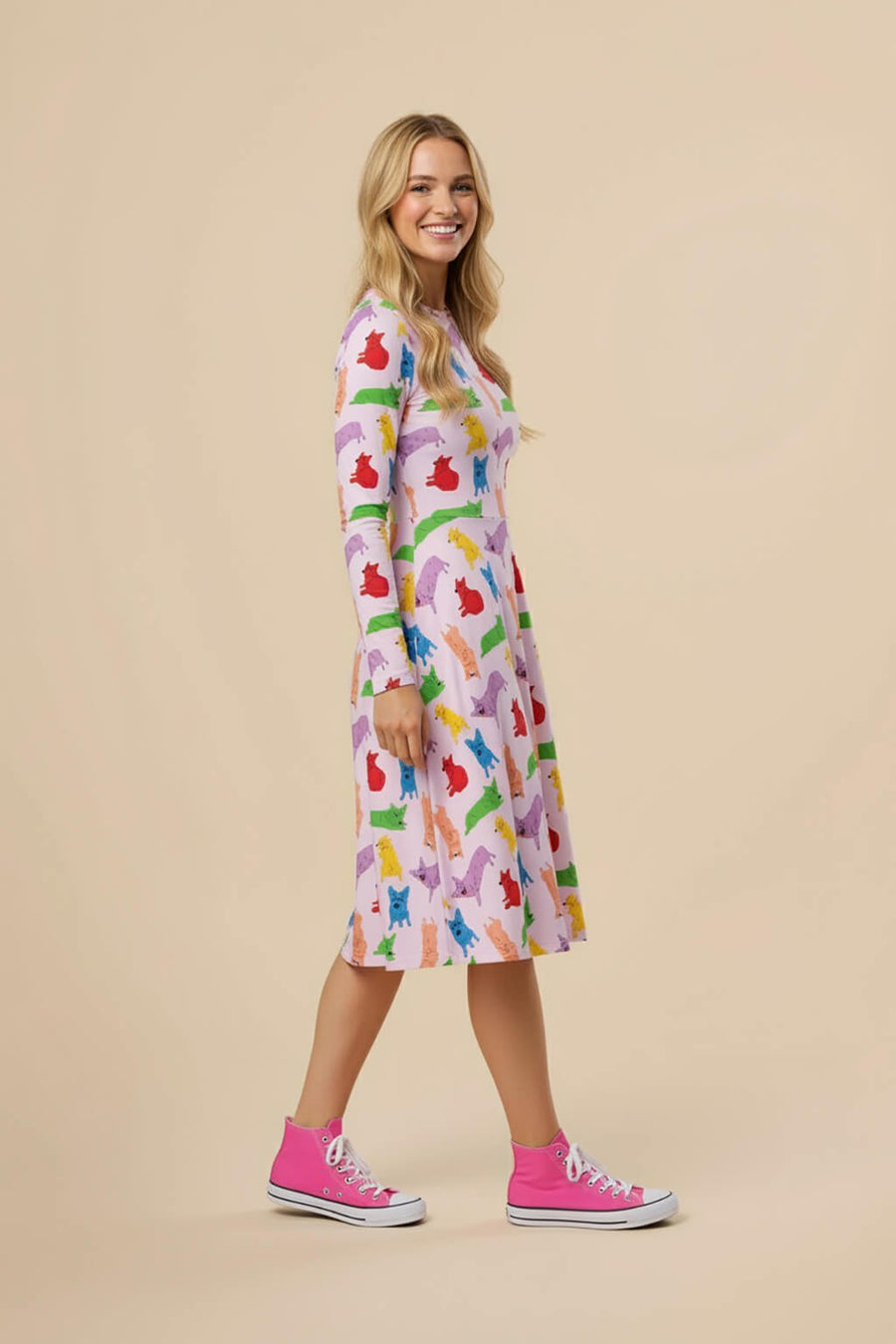Side view of the Supreme Corgi Confetti Midi Dress from WOOF
