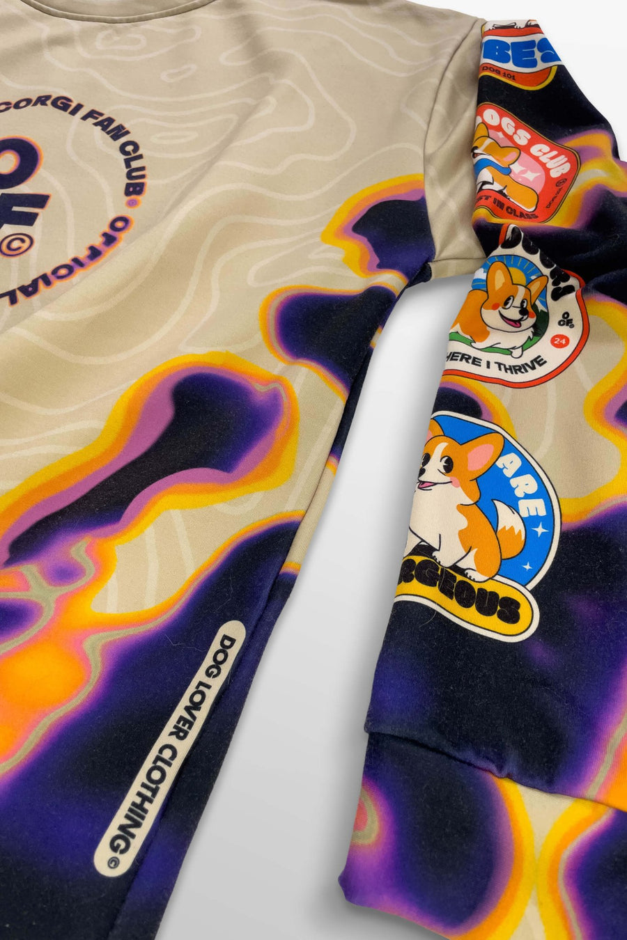 Close up of the club badge on the Official Corgi Fan Club Sweatshirt from WOOF