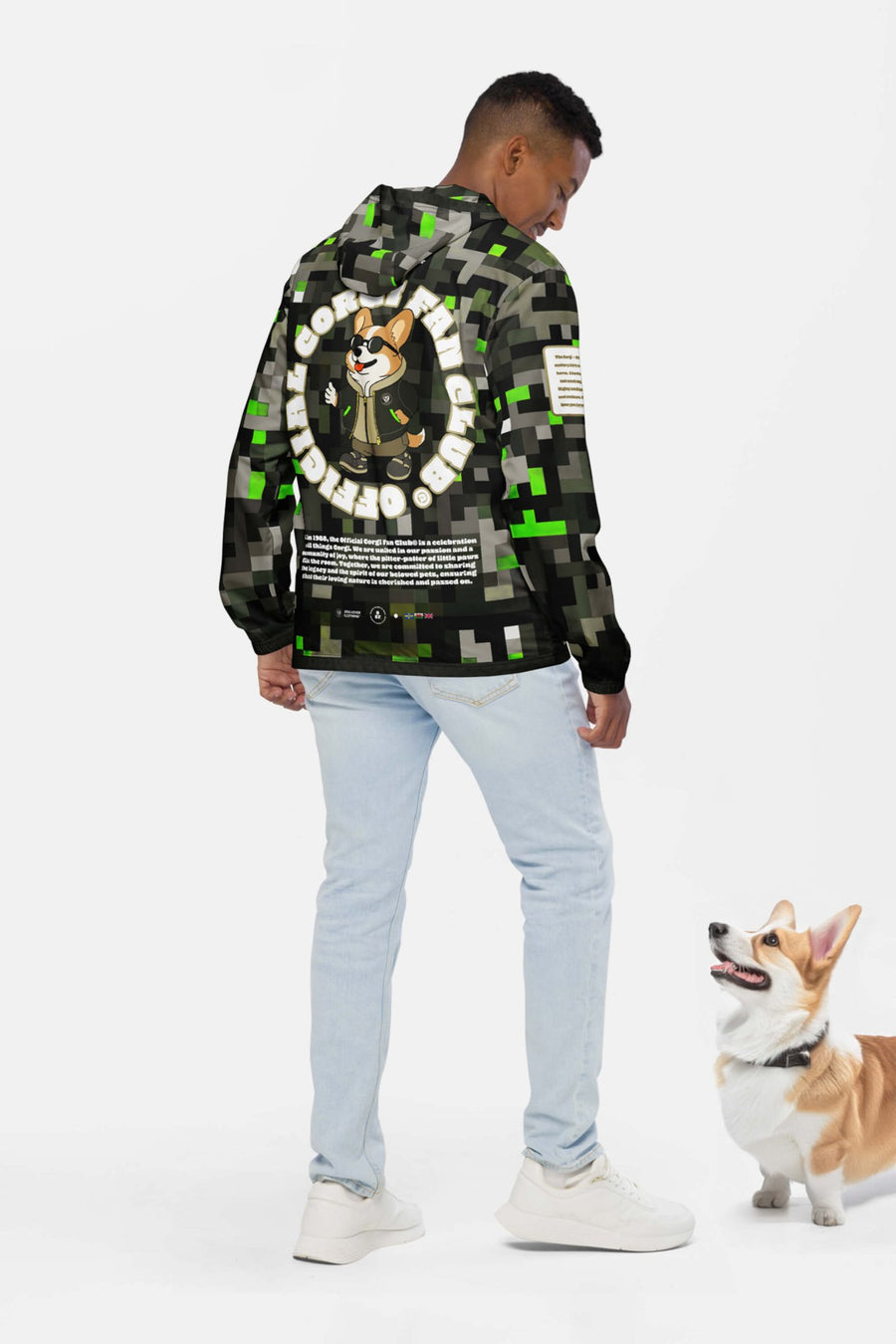Back of the Corgi Fan Club Dogwalker Rain Jacket from WOOF with the club graphic