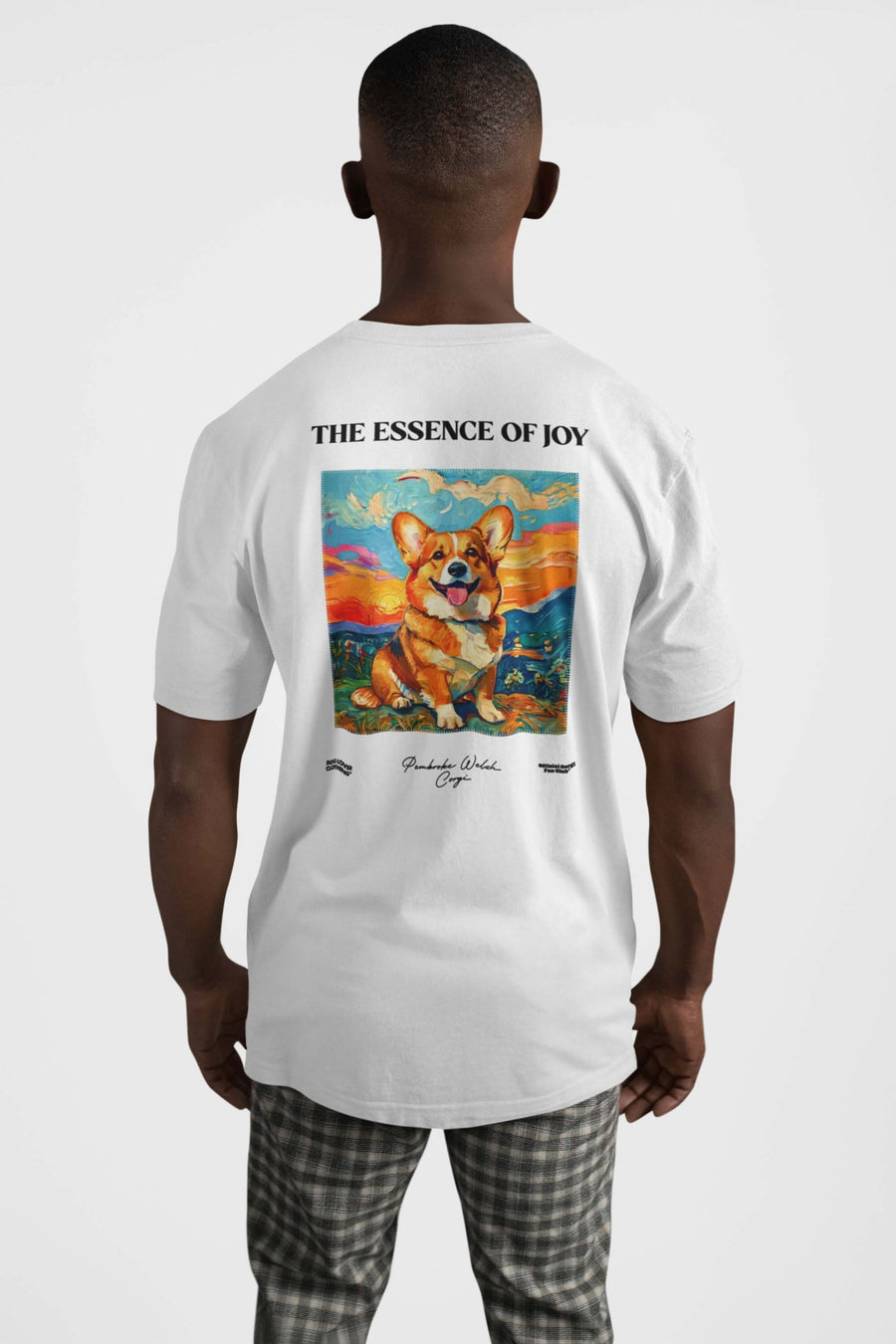 Back of the white Poetic Corgi Joy T-Shirt from WOOF with the printed lines