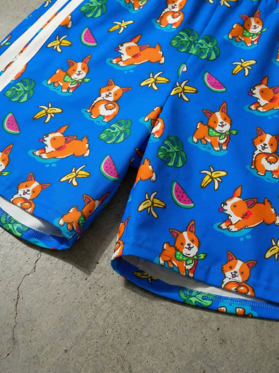 Close up of the tropical corgi print on the swim shorts from WOOF