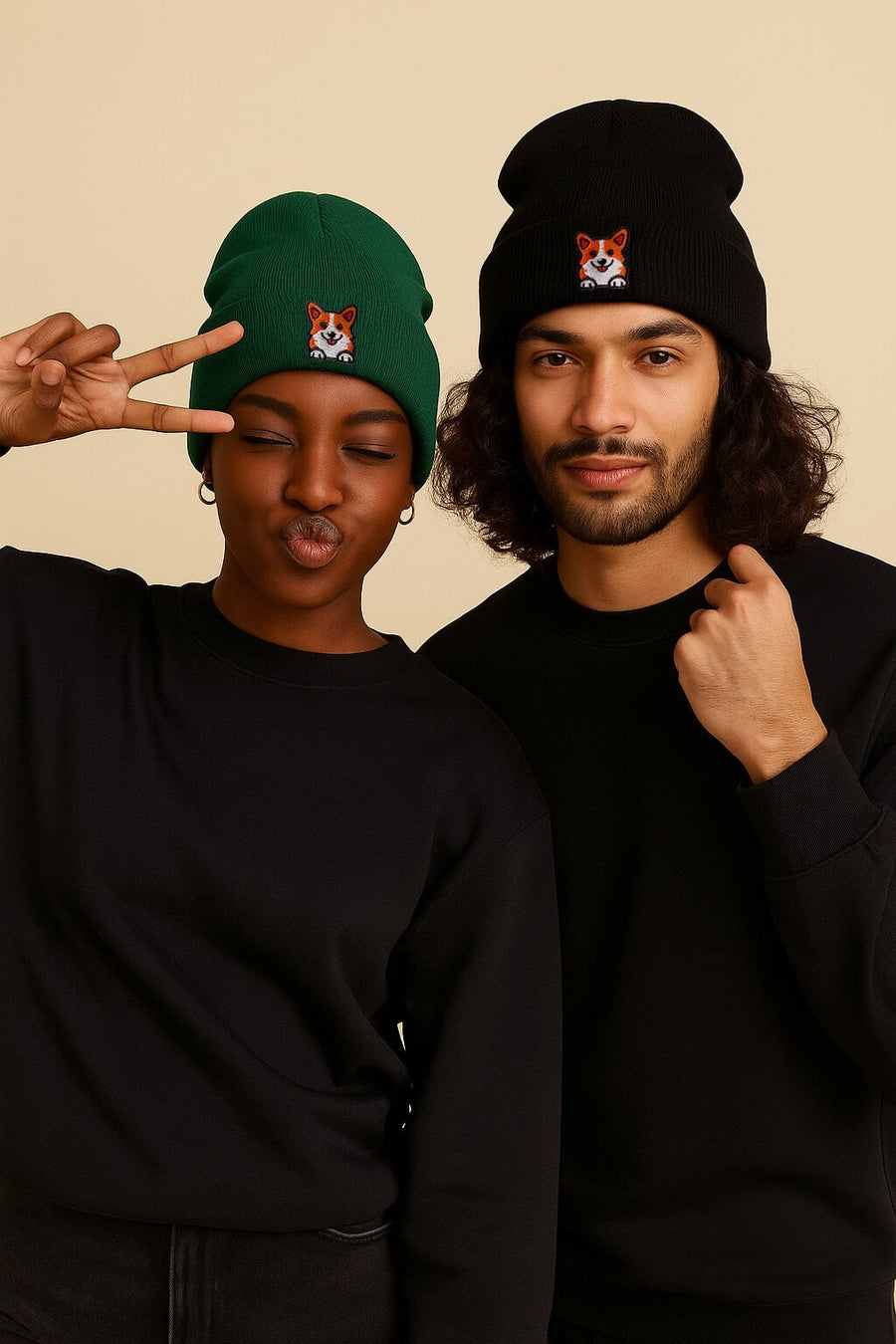 Cozy Corgi Patch Beanie from WOOF on a plain background