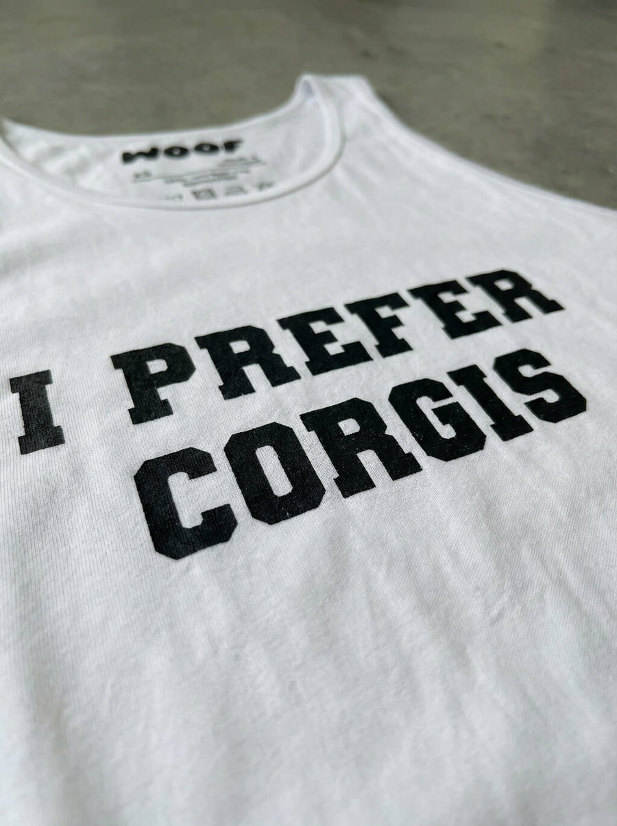 Close up of the I Prefer Corgis print on the tank top from WOOF