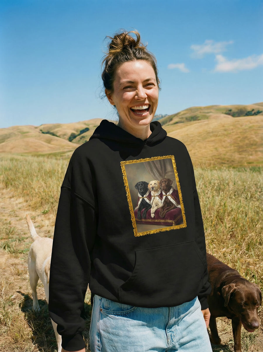 Black custom royal dog portrait hoodie from WOOF with a regal framed portrait
