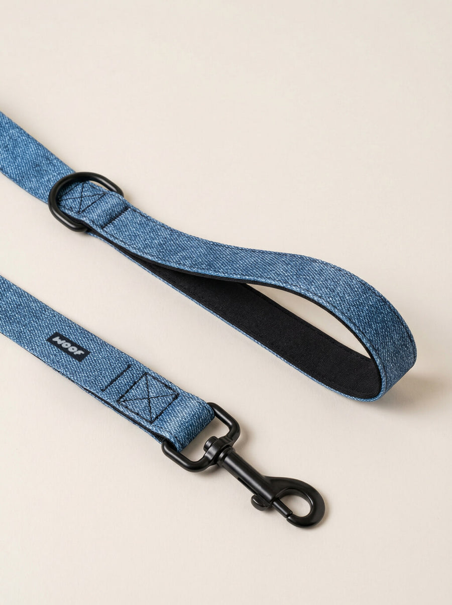 Hardware detail on the denim look dog collar and leash set from WOOF