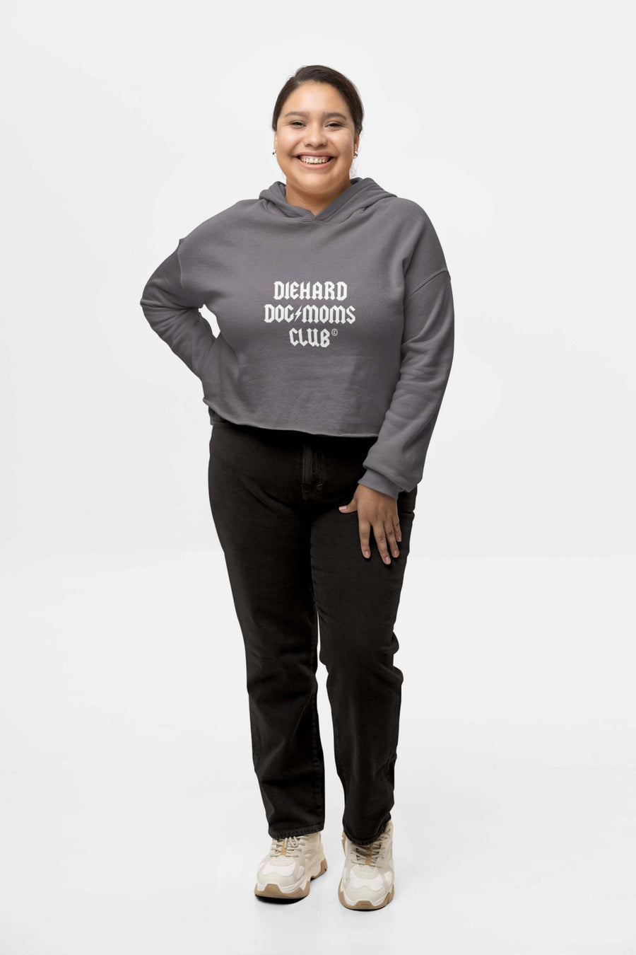 Storm grey Diehard Dog Moms Club Crop Hoodie from WOOF, front view