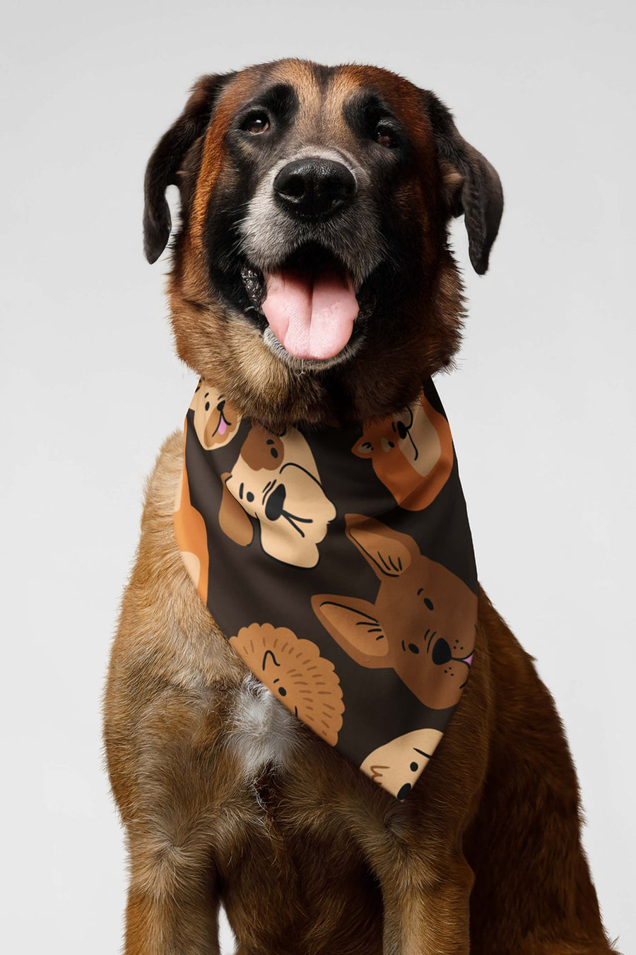 Chocolate Furry Friends dog bandana from WOOF, front view of the print