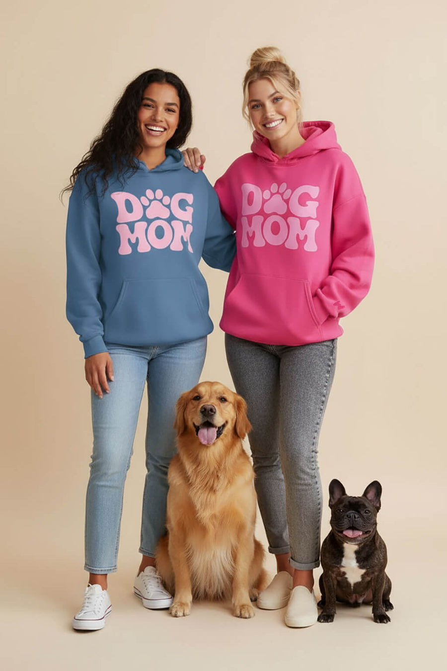 Dog Mom Hoodies from WOOF in blue and pink shown side by side, front view