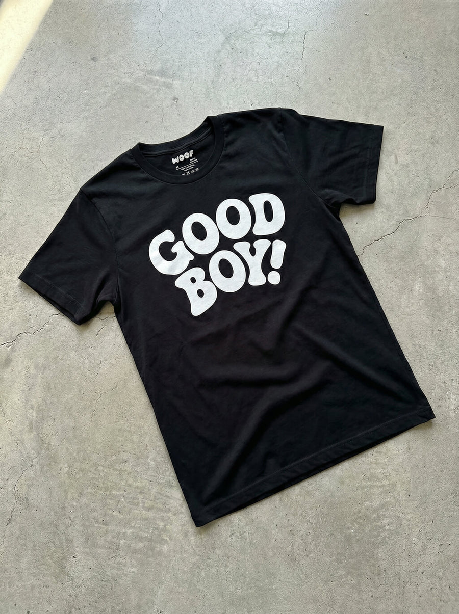 Black Good Boy Dog T-Shirt from WOOF, front view
