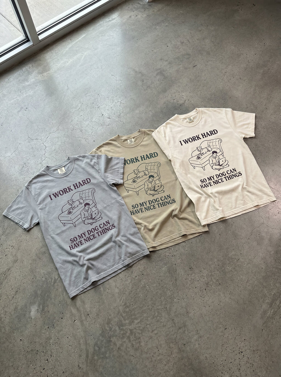 I Work Hard T-Shirts from WOOF in grey, olive and creme side by side