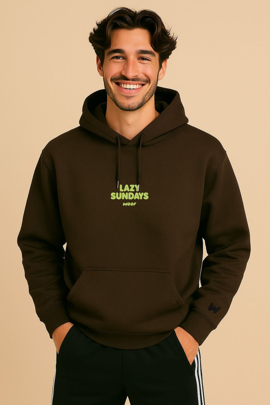 Dark brown Lazy Sundays Frenchie Hoodie from WOOF, front view