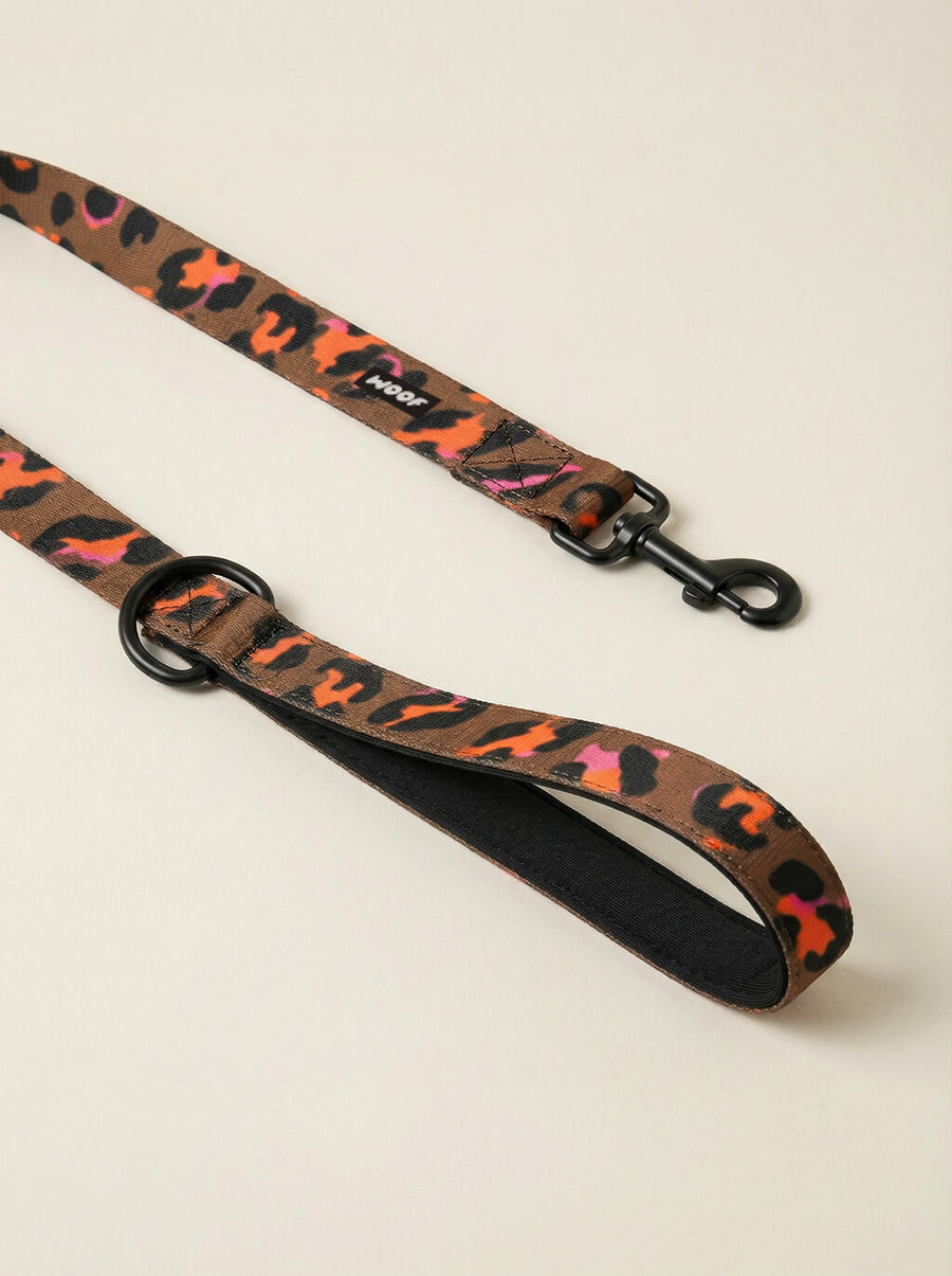 Hardware detail on the leopard print dog collar and leash set from WOOF