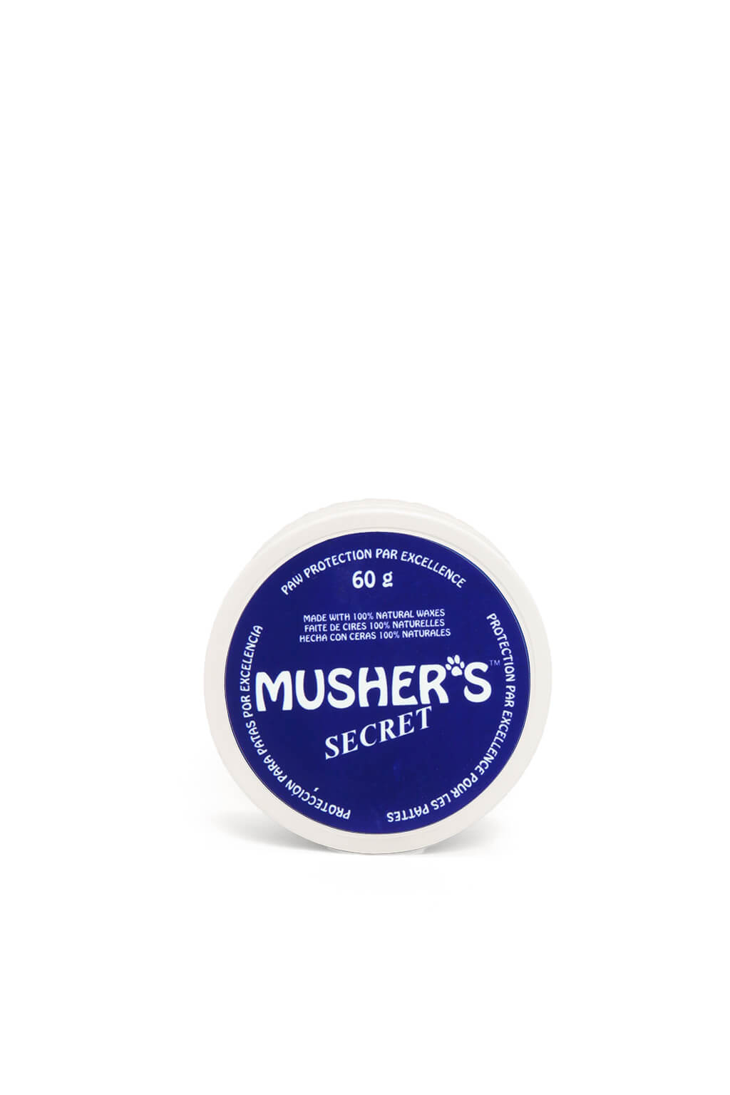 Mushers Secret dog paw balm from WOOF, tin shown from the side