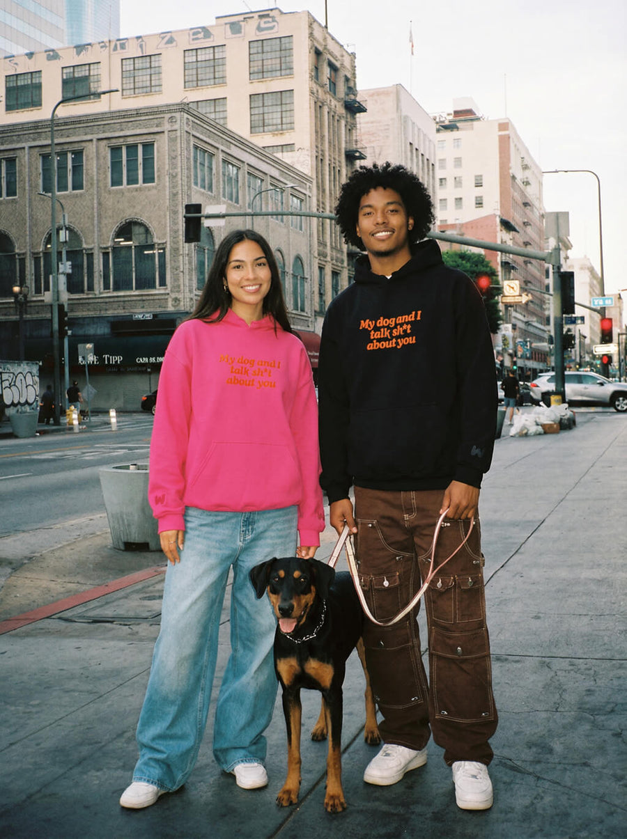 Pink and black My Dog And I Talk Hoodies from WOOF photographed together