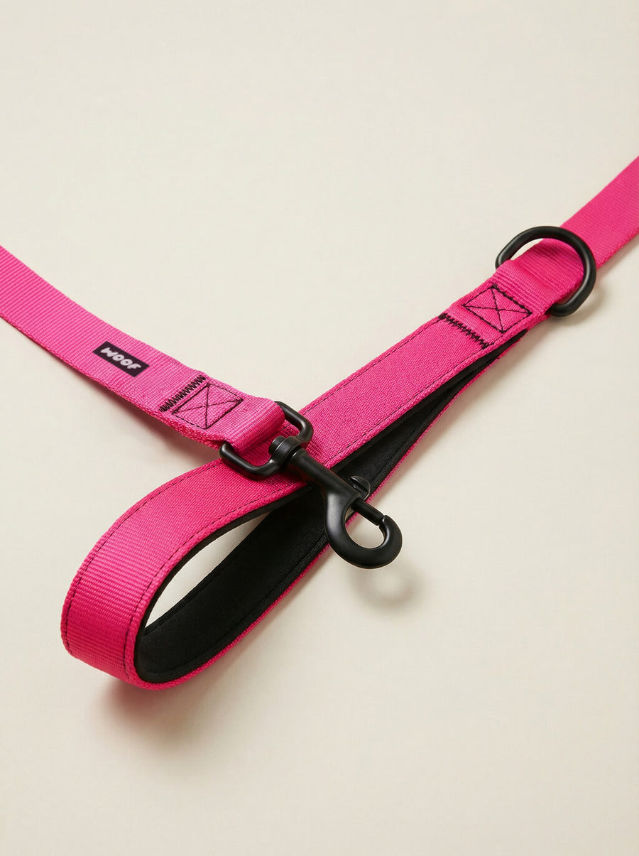 Hardware detail on the neon pink dog collar and leash set from WOOF