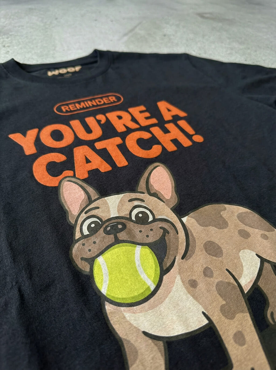Close up of the frenchie print on the Youre A Catch T-Shirt from WOOF