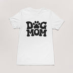 The Dogloverclothing.com Dog Mom T-shirt features playful black text with a paw print as the O. Ideal for dog lovers, it stands out on white and pairs well with our dog bandanas.