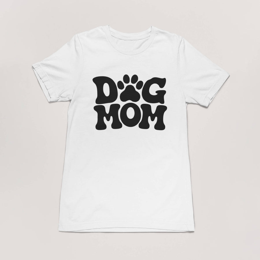 White Dog Mom T-Shirt from WOOF with black DOG MOM lettering and a paw print as the O