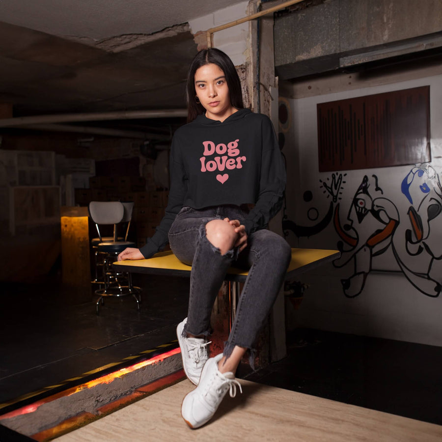 Dog Lover Crop Hoodie from WOOF laid flat, showing the cropped cut and front print