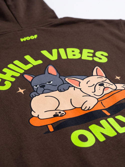 Close up of the french bulldog print on the brown Chill Vibes Only Hoodie from WOOF