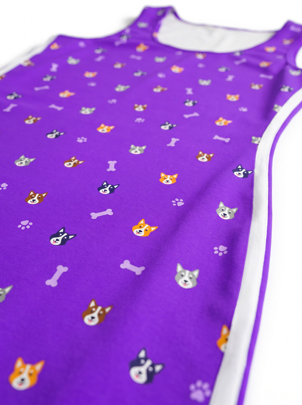 Print detail on the purple Violet Corgi Vibes Bodycon Dress from WOOF