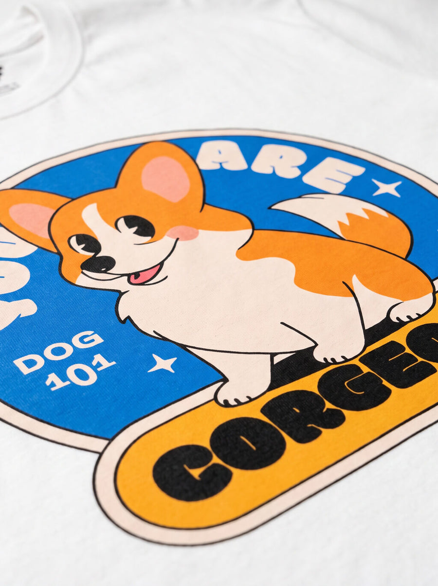 Close up of the Corgeous pun print on the white T-Shirt from WOOF