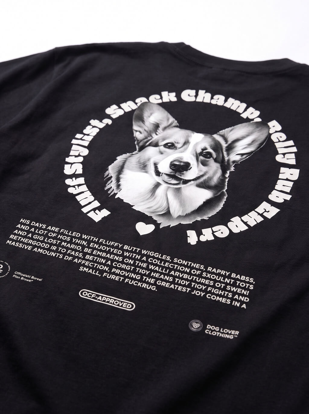 Close up of the back print on the black Corgi Dad Tribute T-Shirt from WOOF