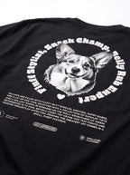 Close up of the back print on the black Corgi Dad Tribute T-Shirt from WOOF