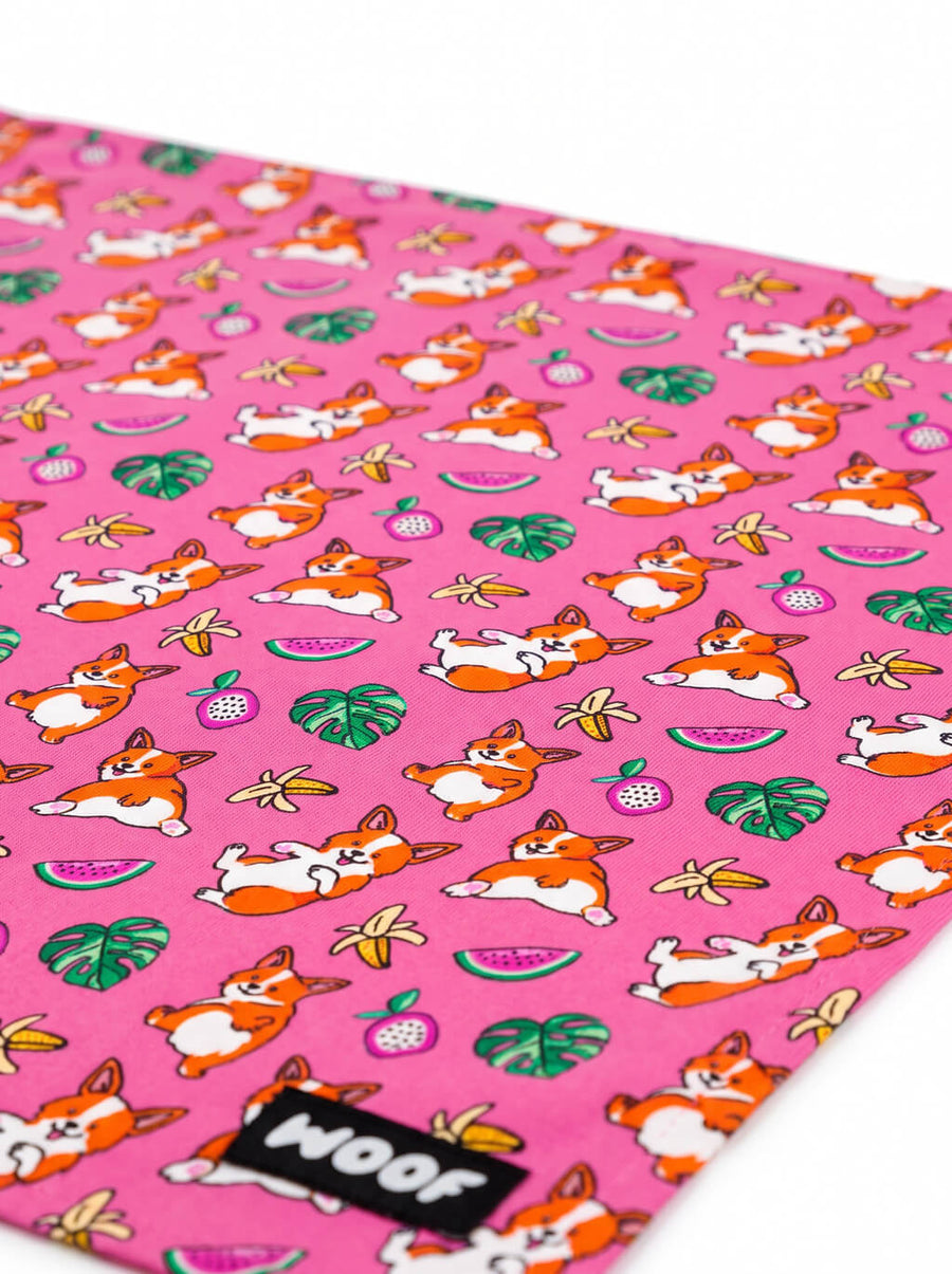 Fabric detail on the pink Tropical Corgi Paradise Dog Bandana from WOOF