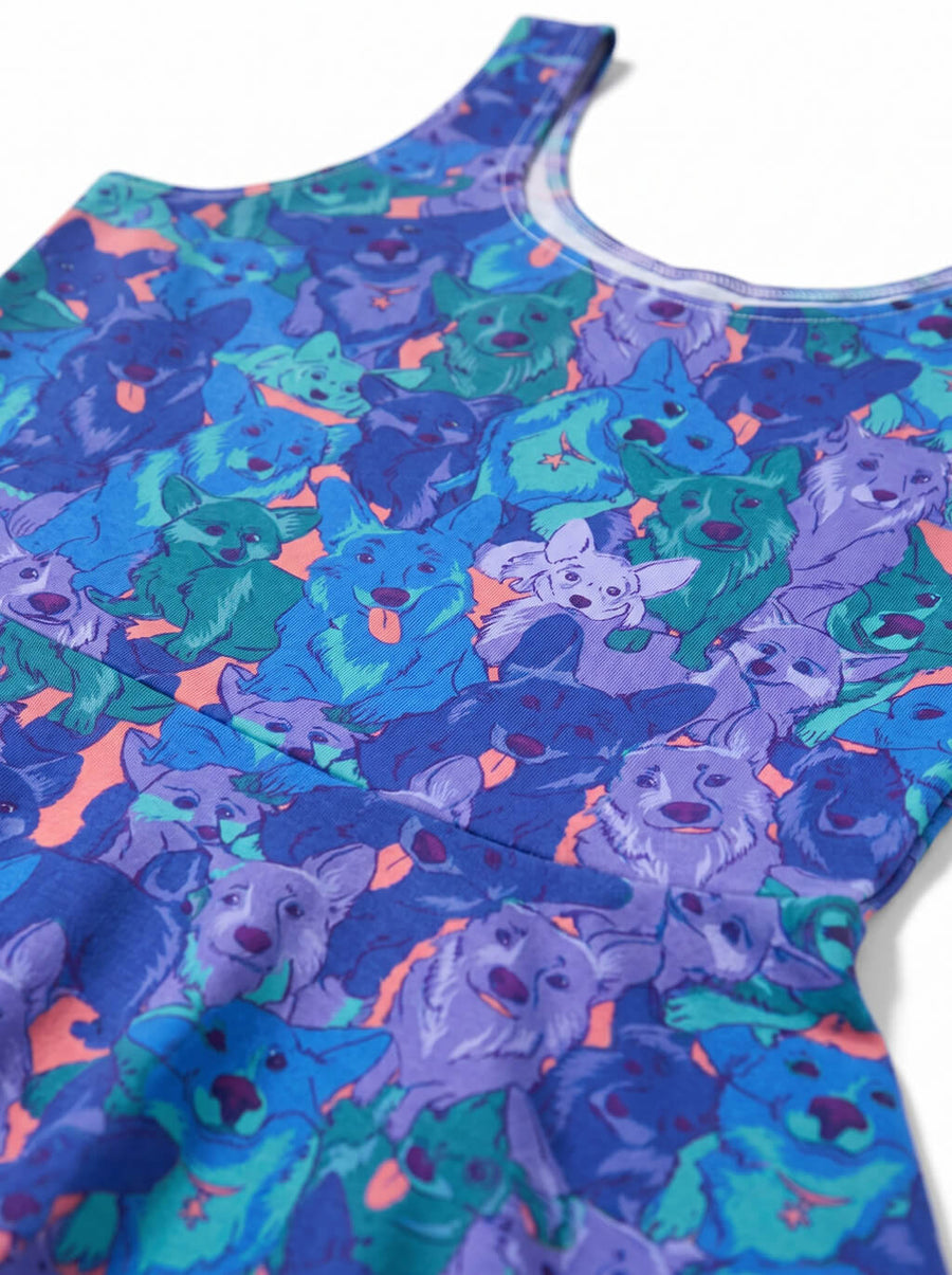 Print detail on the blue Sapphire Corgi Collage Skater Dress from WOOF