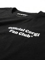 Close up of the front badge on the black Official Corgi Fan Club T-Shirt from WOOF