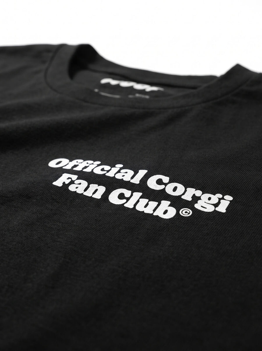 Close up of the front badge on the black Official Corgi Fan Club T-Shirt from WOOF