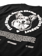 Close up of the back print on the black Corgi Mom Tribute T-Shirt from WOOF