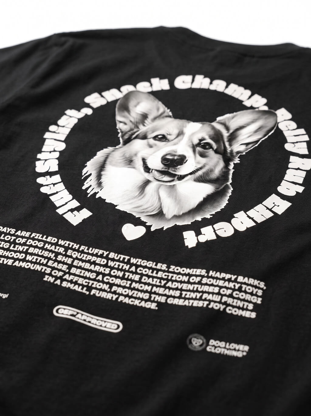 Close up of the back print on the black Corgi Mom Tribute T-Shirt from WOOF