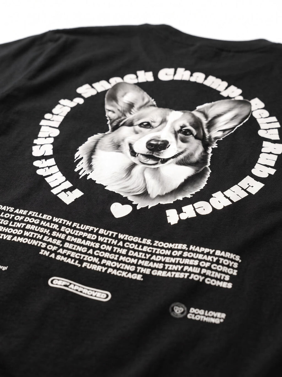 Close up of the back print on the black Corgi Mom Tribute T-Shirt from WOOF