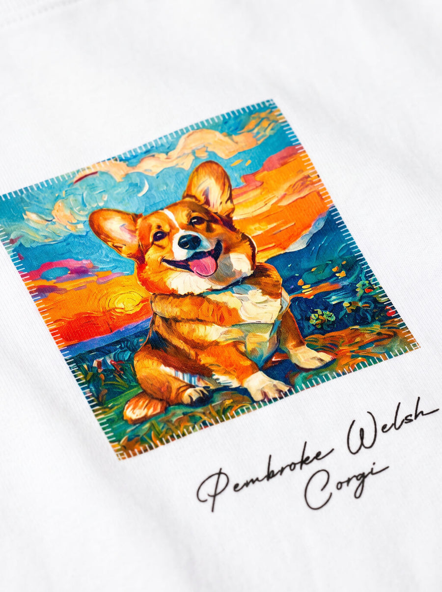 Close up of the corgi artwork on the white Corgi Joy T-Shirt from WOOF