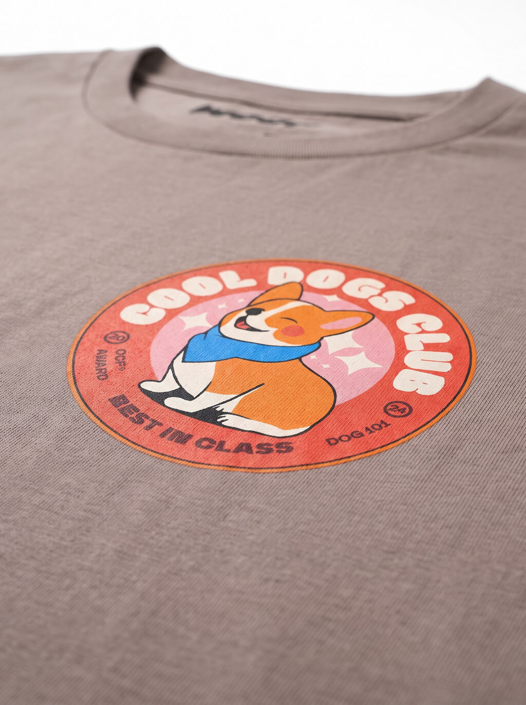 Close up of the front print on the brown Corgi Fan Club T-Shirt from WOOF