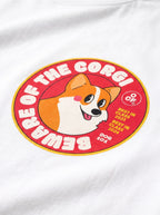 Close up of the front print on the white Official Corgi Fan Club T-Shirt from WOOF