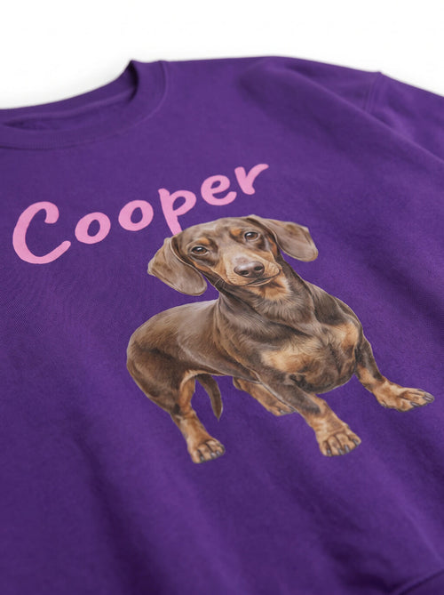 Print detail on the purple Custom Dog Illustration Sweatshirt from WOOF