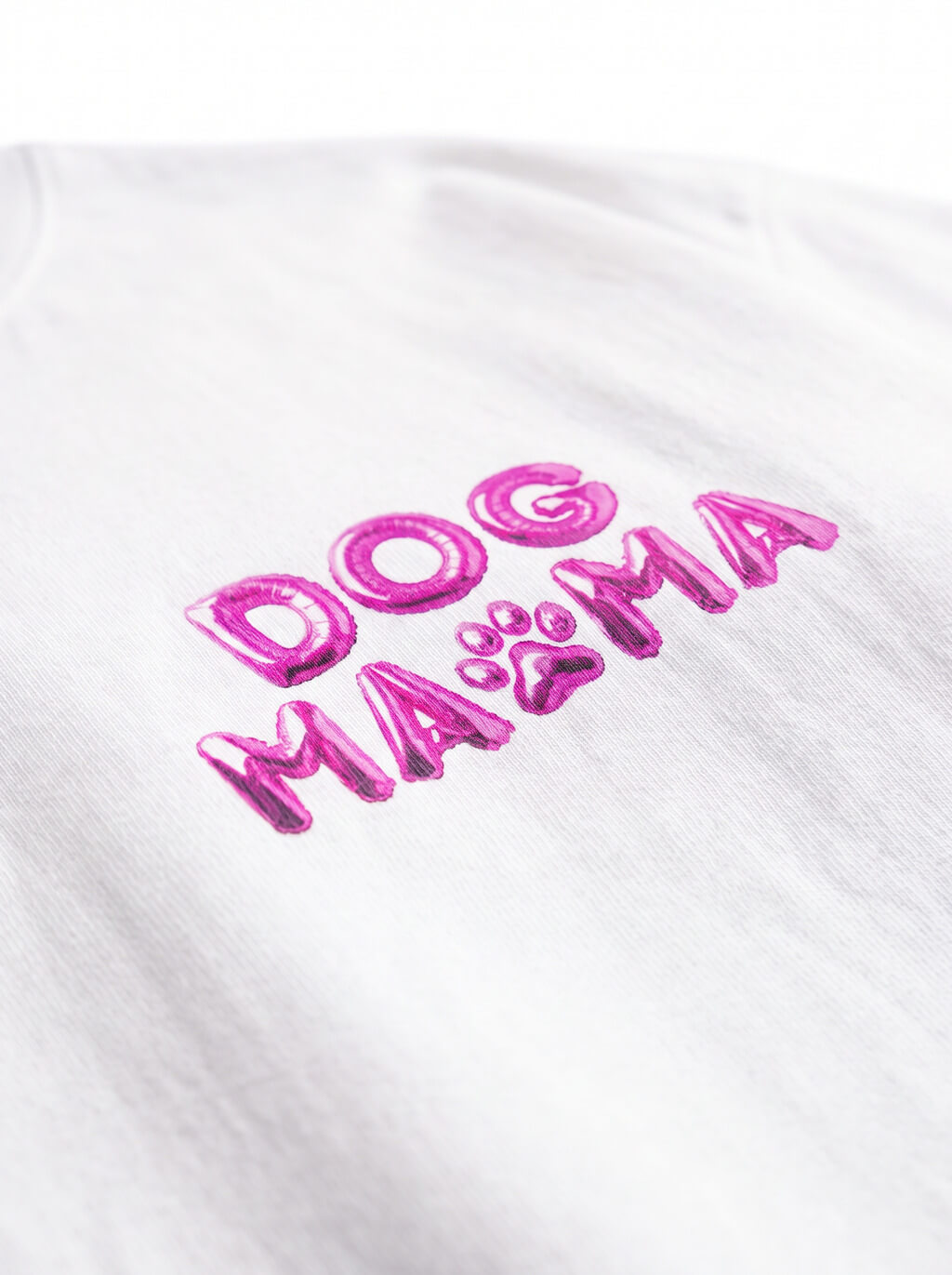 Fabric detail on the white Dog Mom Balloon T-Shirt from WOOF