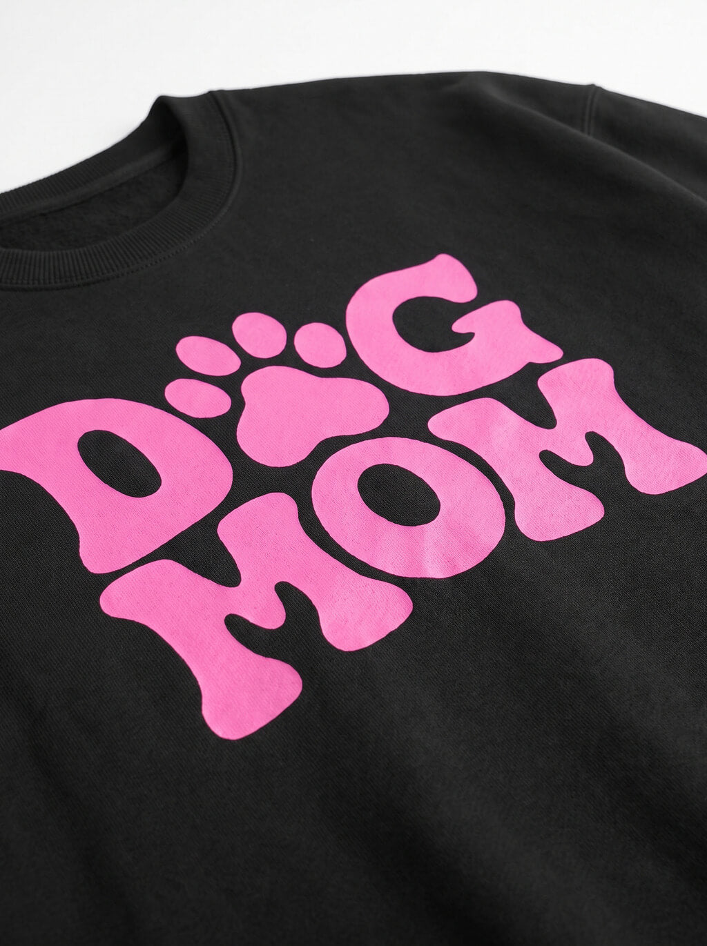 Close up of the Dog Mom print on the black sweatshirt from WOOF