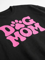 Close up of the Dog Mom print on the black sweatshirt from WOOF