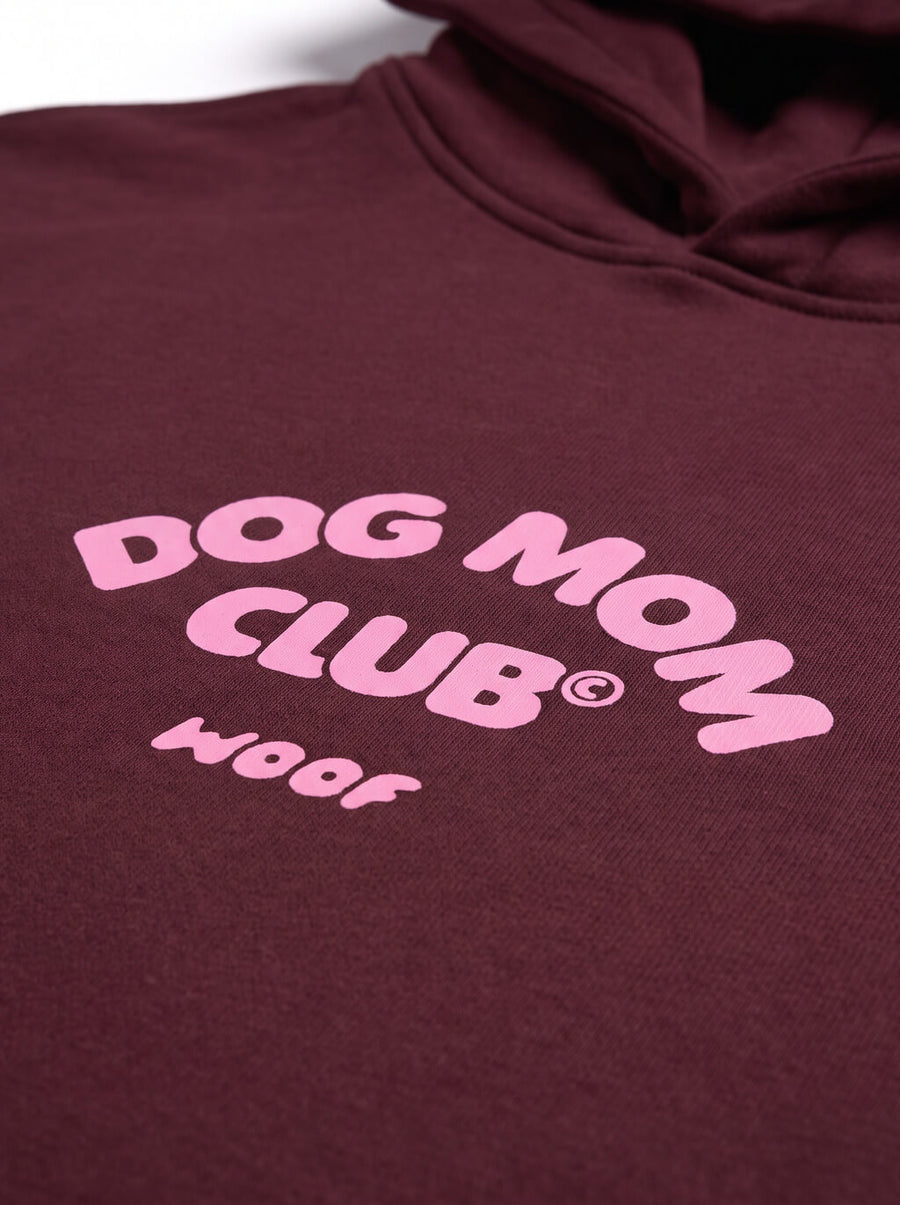Close up of the print on the red Diehard Dog Moms Club Crop Hoodie from WOOF