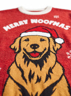 Close up of the golden retriever motif on the red Christmas sweater from WOOF