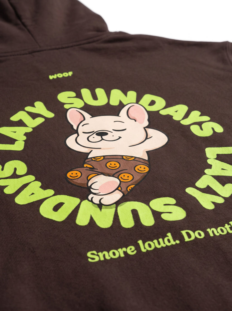 Print and stitching detail on the brown Lazy Sundays Frenchie Hoodie from WOOF