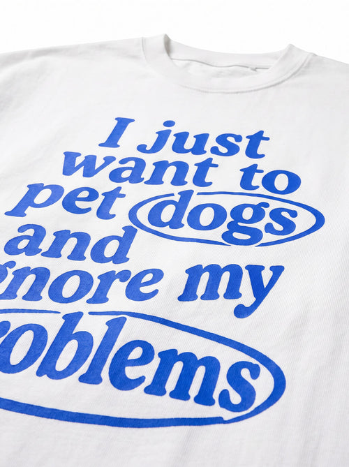 Print detail on the white I Just Want To Pet Dogs T-Shirt from WOOF