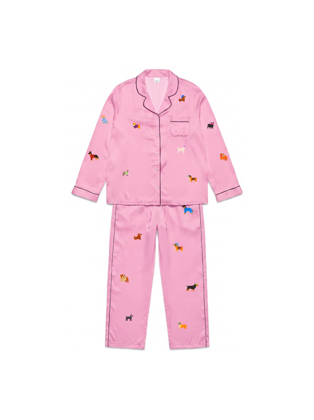 Pink silky dog pajama set from WOOF, close front view of the print