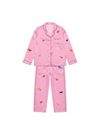 Pink silky dog pajama set from WOOF, close front view of the print